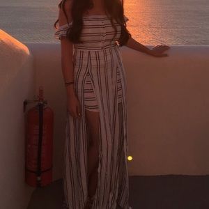 Black and White Off-Shoulder Striped Maxi